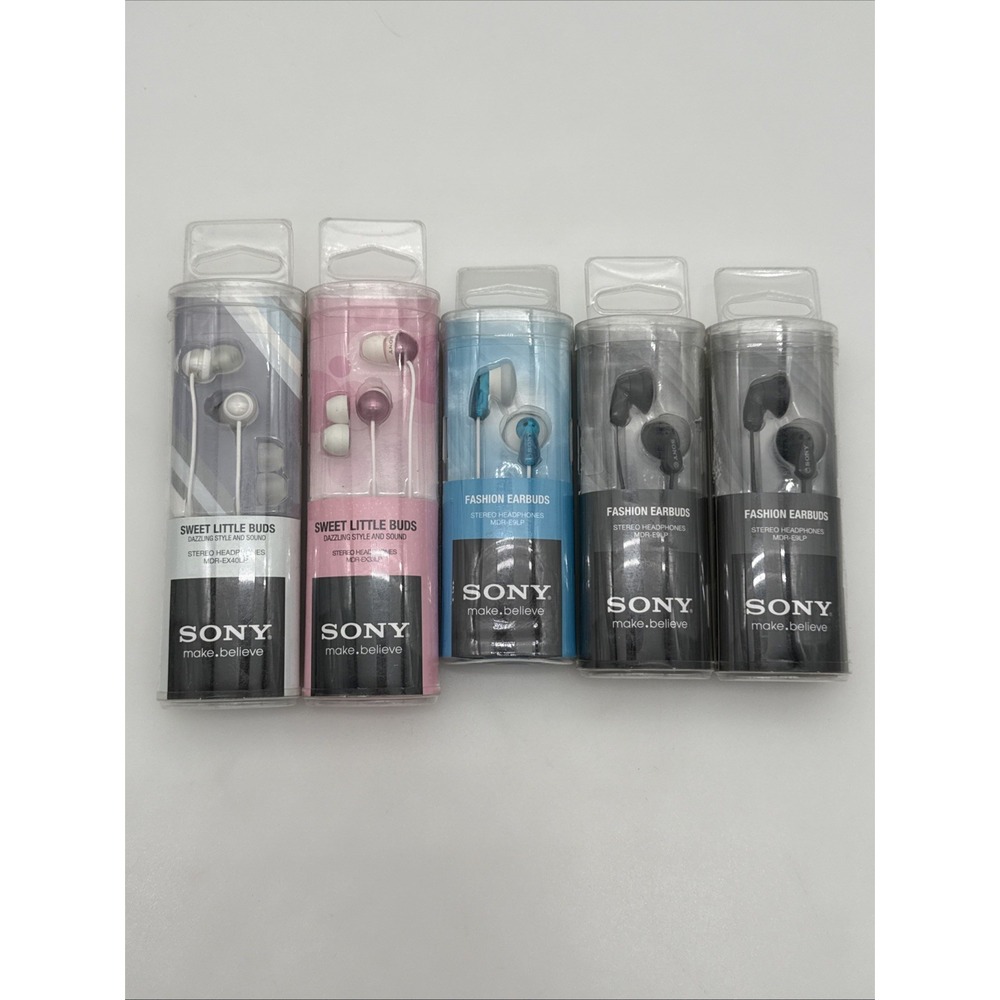 Lot of 5 Sony Earbuds New Sealed - MDR-EX40LP EX33LP E9LP (Pink, Blue, Black)